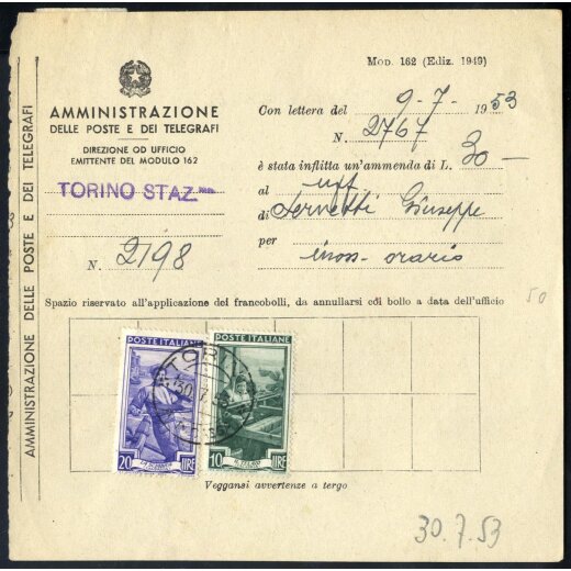 1950, Italia al Lavoro, 20 + 10 Lire su modulo ammenda - MOD. 162 da Torino 30.7.1953 (Sass. 639+642)