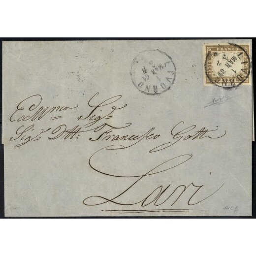 1861, 10 Cent. grigio bistro scuro su lettera da Livorno 1.3.1861, firm. Raybaudi (Sass. 14Cf)