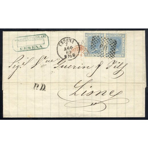 1867, 20 Cent. celeste chiaro, tiratura di Londra, coppia su lettera da Cesena 7.8.1869 per Lione, annullo "P. D." sul fronte, lusso (Sass. T26)
