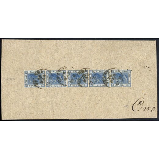 1867, 20 Cent. azzurro scuro, striscia verticale di cinque su frammento di lettera da Verona (Sass. T26)