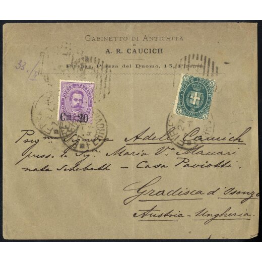 1890/91, Soprastampati, 20 Cent. su 50 Cent. violetto pi? stemma 5 Cent. su lettera da Firenze 27.7.1891 per Gradisca (Sass. 44+58)