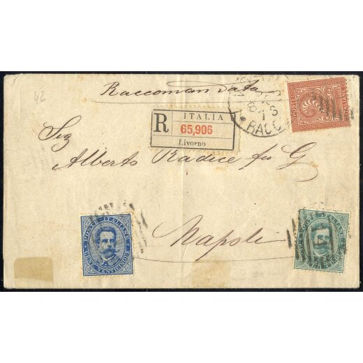 1883, "Mista Due Re", raccomandata da Livorno 5.8.1883 per Napoli affrancata per 32 Cent. con Sass. T15 + 37 + 40, non comune