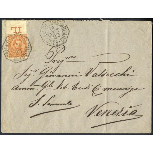 1893, "FOSSALTA DI PORTOGRUARO 14 / OTT / 93", annullo di collettoria su 20 Cent. arancio su lettera per Venezia (Sass. 39 - 4P.)