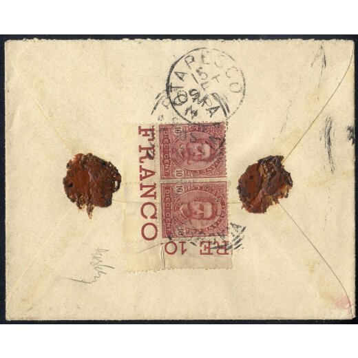 1891/96, 10 Cent. carminio, coppia - angolo di foglio al verso di lettera da Roma (Sass. 60)