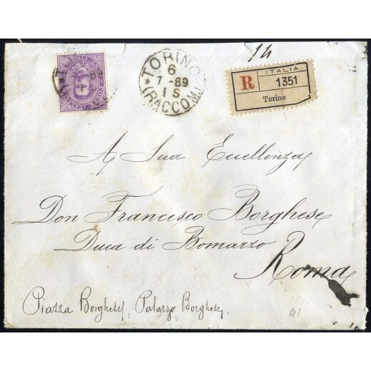 1879, 50 Cent. violetto su raccomandata da Torino 6.7.1889 per Roma (Sass. 42)