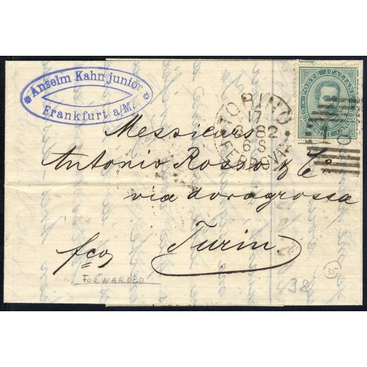 1879, "Forwarder", lettera scritta a Francoforte il 15.3.1882 impostata a Torino il 17.3.1882 per citt?, non comune