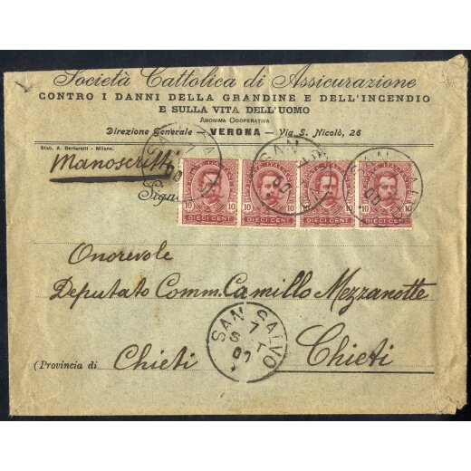 1891/96, 10 Cent. carminio, striscia di quattro su "manoscritti" da San Salvo 7.9.1900 indirizzati ad un deputato a Chieti (Sass. 60)