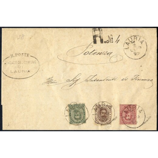 1895, Raccomandata da Lauria 2.7.1895 per Potenza con affrancatura tricolore di emisiioni diverse Sass. 38 + 45 + 46