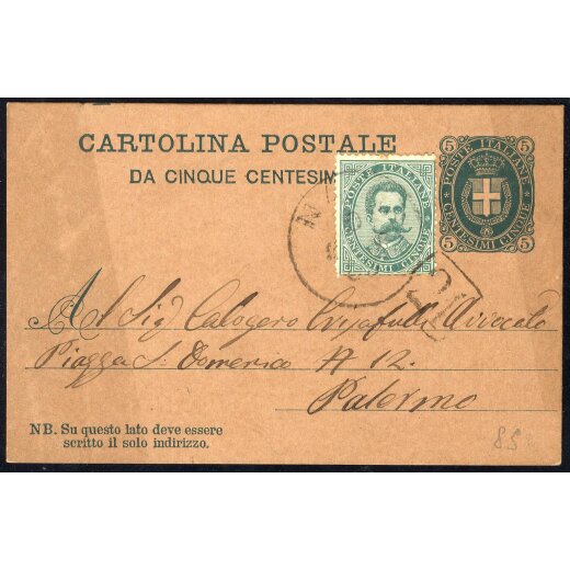1887, Cartolina postale 5 Cent. verde con affrancatura aggiuntiva gemella 5 Cent. verde, emissione 1879, da Navo 9.7.1885 per Palermo (Sass.7)