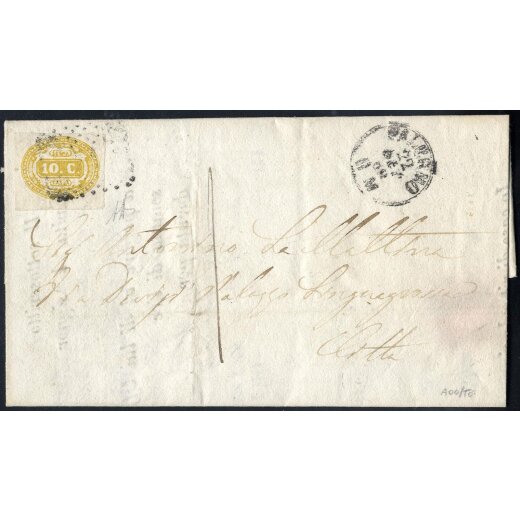 1869, avviso di pagamento da Palermo il 22.9. per citt? tassata con 10 c. giallo, firmato AD