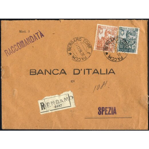 1928, lettera raccomandata da Bergamo il 27.12. per Spezia affrancata con 50 c. e 1,75 l. Filiberto, Sass. 233,236