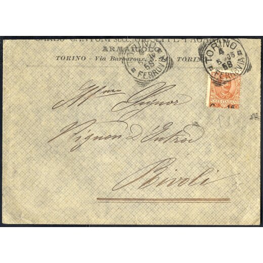 1906, lettera da Torino il 4.5. per Rivoli affrancata con 15 c. su 20 c., dentellatura molto decentrata e lettera accorciata in alto, Sass. 79