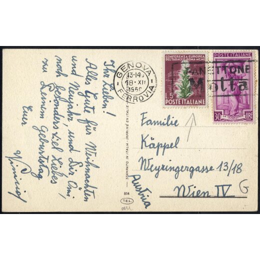1950, cartolina d´Auguri da Genova il 18.12. per Vienna affrancata con 5 l. Tabacchi e 30 l. Italia Lavoro, Sass. 629,644
