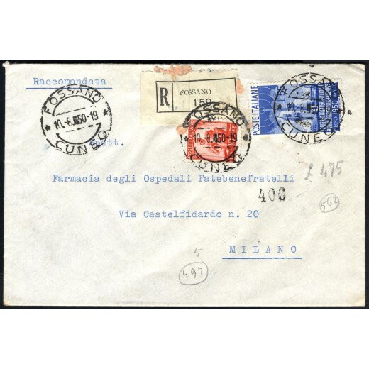 1950, lettera raccomandata da Fossano il 10.8. per Milano affrancata per 65 L. con Sass. 559,624