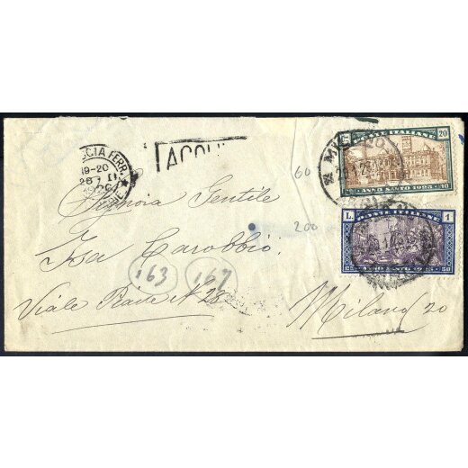 1926, lettera da Brescia per Milano con francobollo mancante tassata in arrivo per 120 C., con Anno Santo da 20 C. e da 1 L., Sass. 169,173 / 305,-