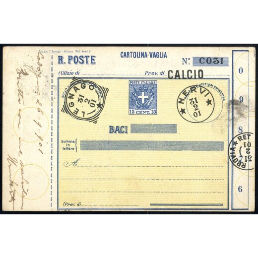 1901, cartolina vaglia usata come cartolina semplice con soli saluti da Codogno il 26.9. per Casalpusterlengo affrancata con 2 C. Stemma di Savoia, Sass. 66