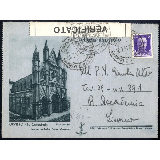 1941, biglietto postale illustrato di Orvieto affrancata con Imperiale 50 C. da Orvieto il 28.7. per Livorno, fascietta di censura, Sass. 251