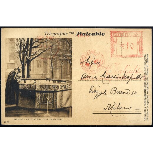 1929, cartolina postale della Italcable spedita da Milano il 1.4. per citt? annullata con annullo meccanico rosso da 10 C.
