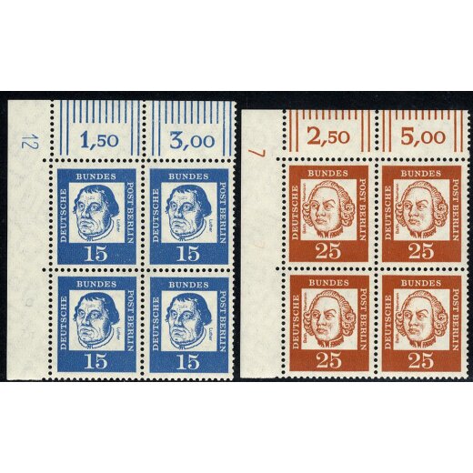 1961, Bedeutende Deutsche, drei Viererbl&ouml;cke mit Druckerzeichen, 3 Werte (Mi.202, 202, 205DZ)