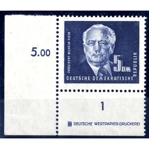 1950, Wilhelm Piek, 5 DM blau, linkes unteres Eckrandstück mit Druckvermerk, Mi. 255 DZ 2