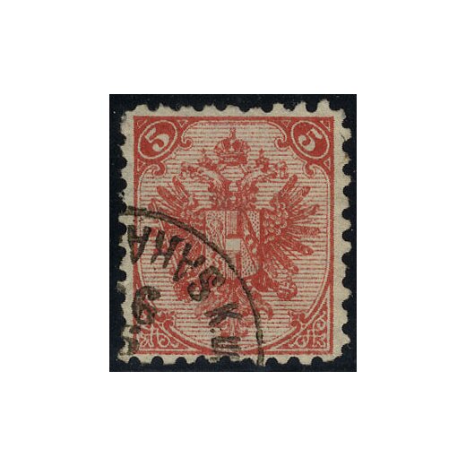 1890, Steindruck, 5 Kr. rot, LZ 9?, Zahnspalt r. oben, Kurzbefund Goller (Mi. 4IKa - Fb. 5Ia)