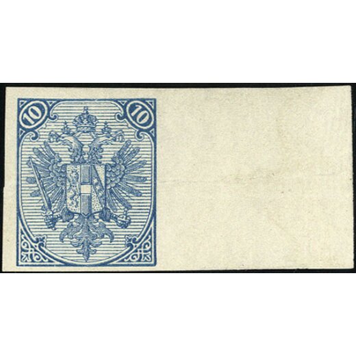 1895, Buchdruck, Bogenprobe, 10 Kr. blau, hellere Farbe, rechtes Randstück, ohne Gummi, Kurzbefund Goller, (Mi. 5IIPU IV - ANK 6II / 75€)