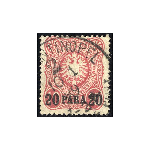 1884, 20 PA auf 10 Pf rosarot, links unten Eckbug, signiert Mi. 2