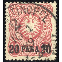 1884, 20 PA auf 10 Pf rosarot, links unten Eckbug,...