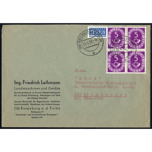 1953, Brief frankiert mit Viererblock 5 Pf. von Rotenburg a.d. Fulda 23.4.53 nach Anderten, Mi. 125