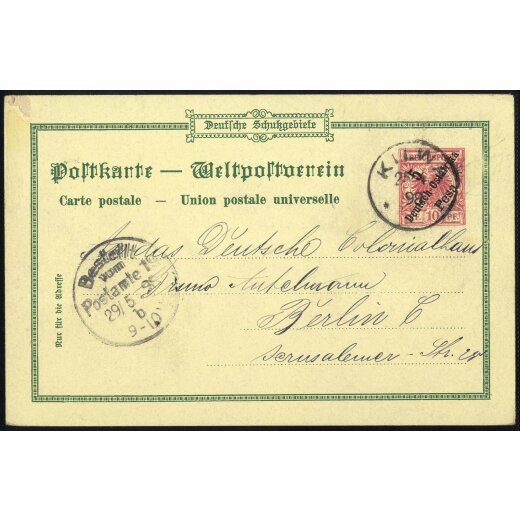 1898, Privatpostkarte 5 Pesa auf 10 Pf. von Kilwa 29.5.98 nach Berlin, Bild r&uuml;ckseitig Bagamoyo, H&amp;G K 2.2