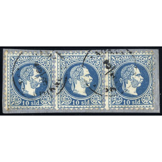1867, 10 Soldi blau, waagrechter Dreierstreifen, auf Briefstück (ANK 4I)
