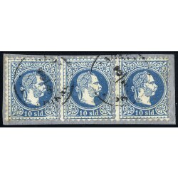 1867, 10 Soldi blau, waagrechter Dreierstreifen, auf...