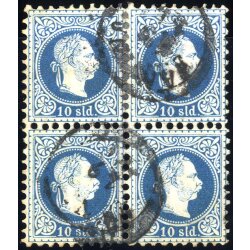 1876/83, 10 Soldi blau, feiner Druck, Viererblock, WZ -...