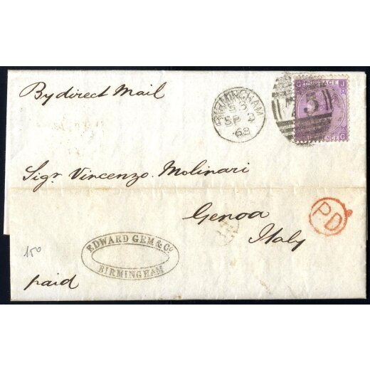1868, letter from Birmingham 3.9.1868 to Genova with 6 d. Queen Victoria with large uncolored letters and Wmk Spray of Rose, SG 104 / 190,-