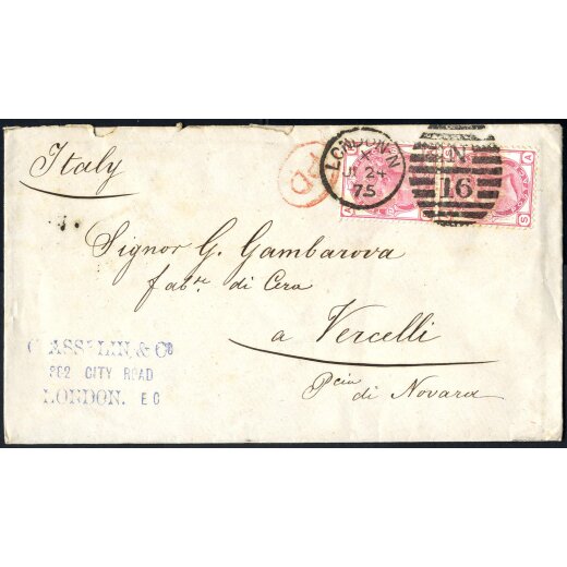 1875, letter from London 24.6.1875 to Vercelli with pair 3 d. Queen Victoria, plate 17 SG 144 / 185,-