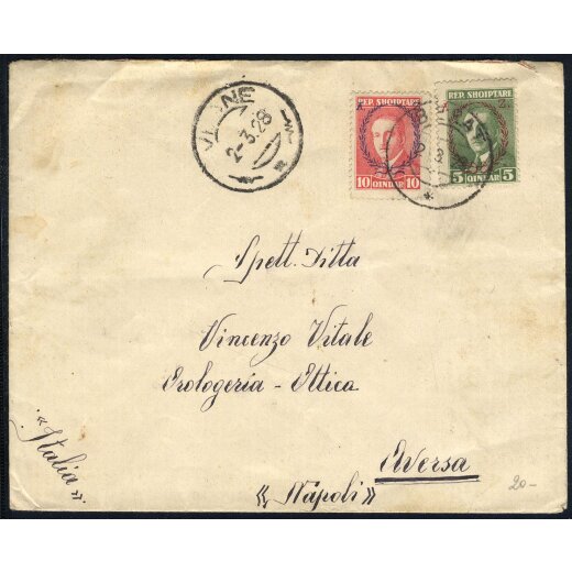 1923/28, 2 Briefe nach Neapel, einer von Berat am 2.3.28 frankiert mit 5+10 Q, Mi. 153,154 und der andere von Durres am 16.9.23 mit 10 Q, Mi. 85