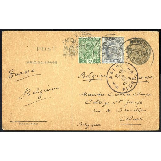 1913, Postcard 1/4 a with 1/2 a and 3 p.from Ranchi 27.2.13 to Aalst (Belgium), SG 120,155