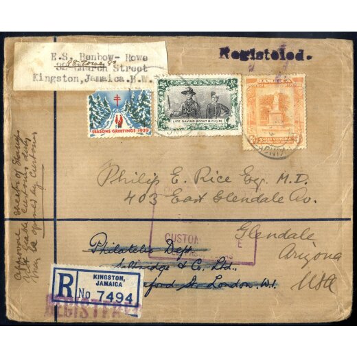 1941, eingeschriebener Brief aus Kingston nach Glendale (USA) mit 3 Vignetten (Weihnacht, Pfadfinder und r&uuml;ckseitig Rotes Kreuz)