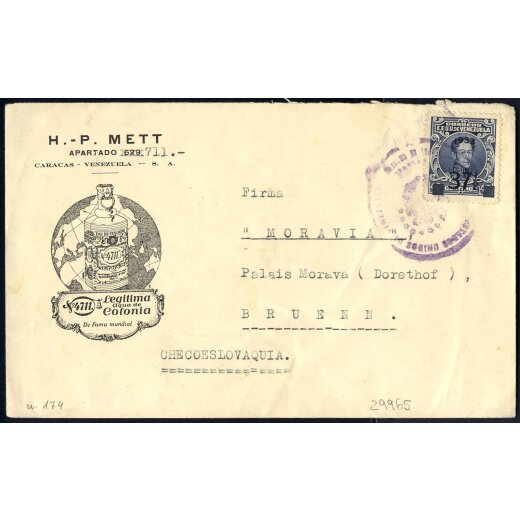 1933, Brief aus Caracas nach Brünn (Tschechoslovakei) frankiert durch Bolivar 37 1/2 auf 40 C, Mi. 179