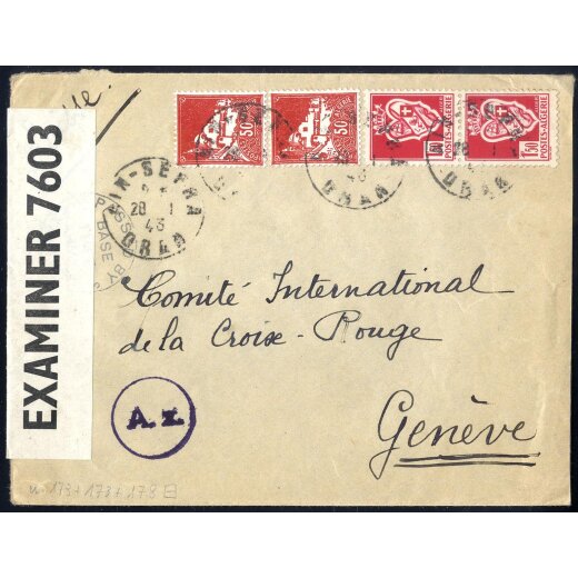 1943, Brief von Ain-Sefra am 28.1. nach Genf (schweiz) frankiert über 4 F. durch Mi. 178(2),187(2) zensiert
