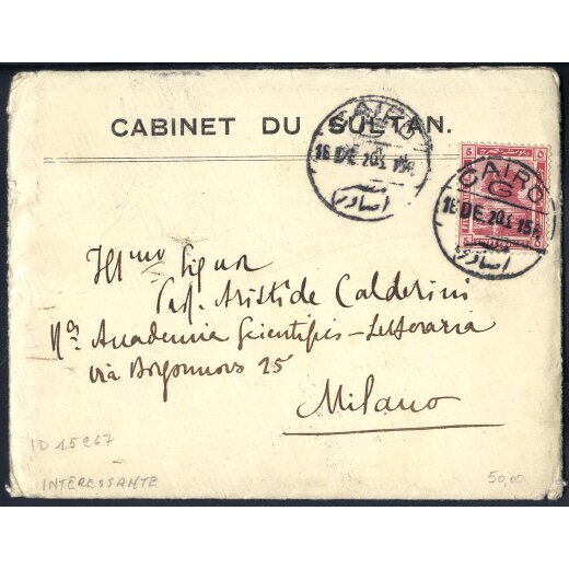 1920, kleines Briefchen vom Sultanat in Cairo am 16.12. nach Mailand (Italien) mit interessantem Inhalt, Studie über Papyrus, frankiert durch 5 M karmin, Mi. 48