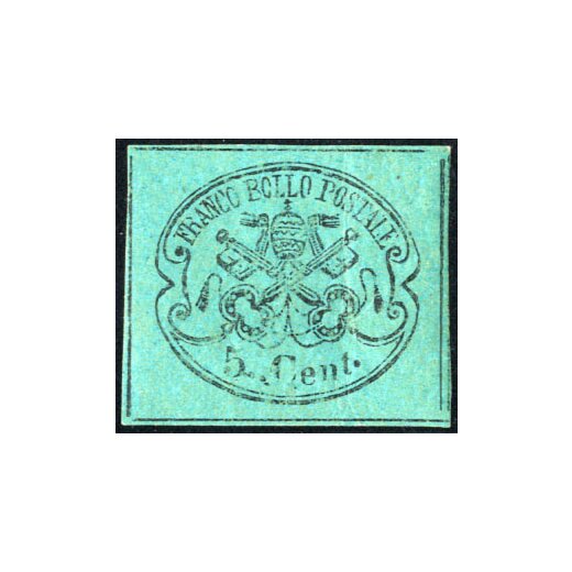 1867, 5 Cent. azzurro verdastro, firm. Caffaz (S. 16)