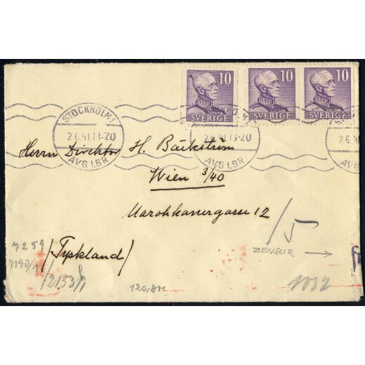 1941, Brief vom 2.6.1941 von Stockholm nach Wien, frankiert mit 3x10 &Ouml;re violett, entwertet mit &#8222;STOCKHOLM1 AVGLBR, 2,6,41&#8220;, mit deutscher Zensur, einwandfrei erhalten (Mi. 256 II Dl, Dr).