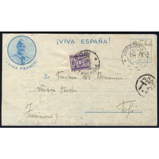 1937 Guerra di Spagna lettera &quot;Viva Franco - Viva Espana&quot; con bollo Uff. Postale Speciale 4 - 16.6.37 non affrancata con manoscritto &quot;Italia o.m.s.&quot; per Pofi, con segnatasse 50c. in arrivo