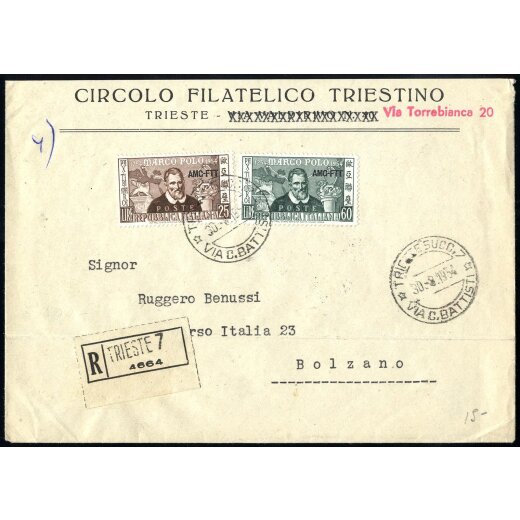 1954, Raccomandata da Trieste 30.8.1954 per Bolzano affrancata con Sass. 204+205, annullo d arrivo