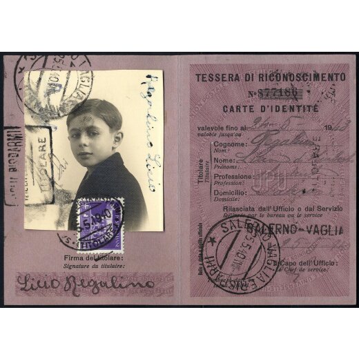 1940, &quot;Tessera postale di riconoscimento&quot;, emessa a Salerno il 25.5.1940 affrancata con 3,70 Lire Imperiale