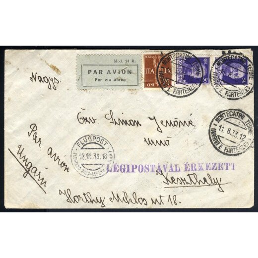 1933, Lettera da Montecatini 11.8.1933 per Keszthely - Ungheria affrancata per 1,75 Lire con Sass. 251x2 + A12