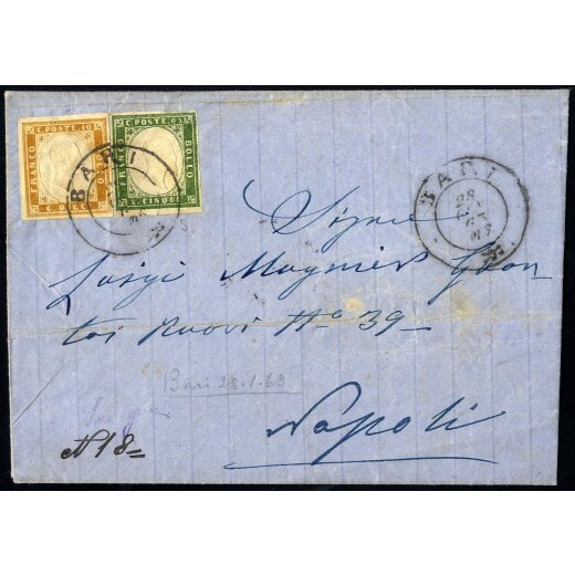 1863, "BARI 28 / GEN / 63", annullo doppio cerchio con ora su 5 Cent. + 10 Cent. Sardegna su lettera per Napoli (S. 13E+14E)