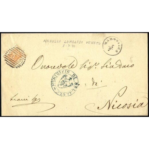&quot;MAROSTICA 5 / 7&quot;, annullo austriaco su fronte di lettera per Nicosia affrancata con Sass. 28, francobollo annullato con timbro a sbarre &quot;2619&quot;