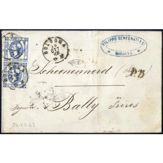 1863, 15 Cent. Litografico, due esemplari su lettera per la Svizzera (S. 13)